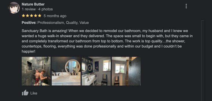 Five-star Yelp review from Camano Island project